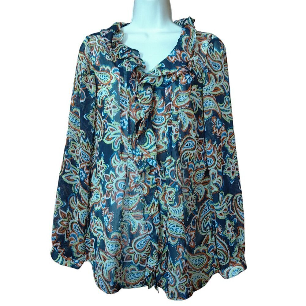 Travel Smith Size Small Long Sleeve Paisley Sheer Ruffle Pullover Blouse